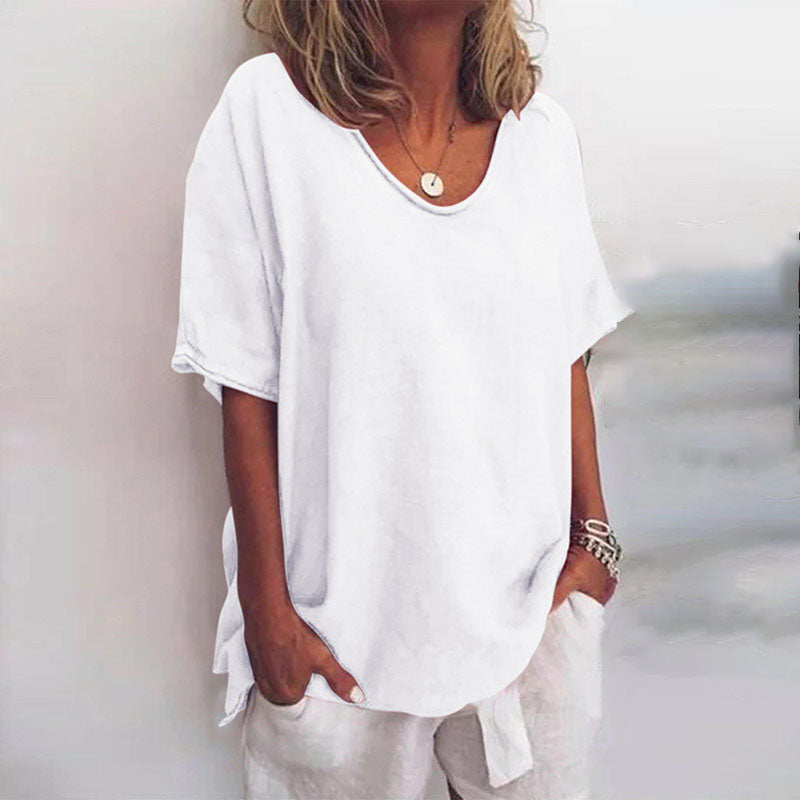 Women's V Neck Short Sleeve Blouse – White