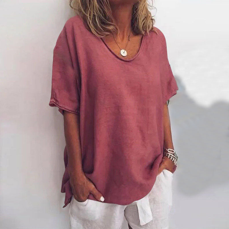 Women's V Neck Short Sleeve Blouse – Dark Pink