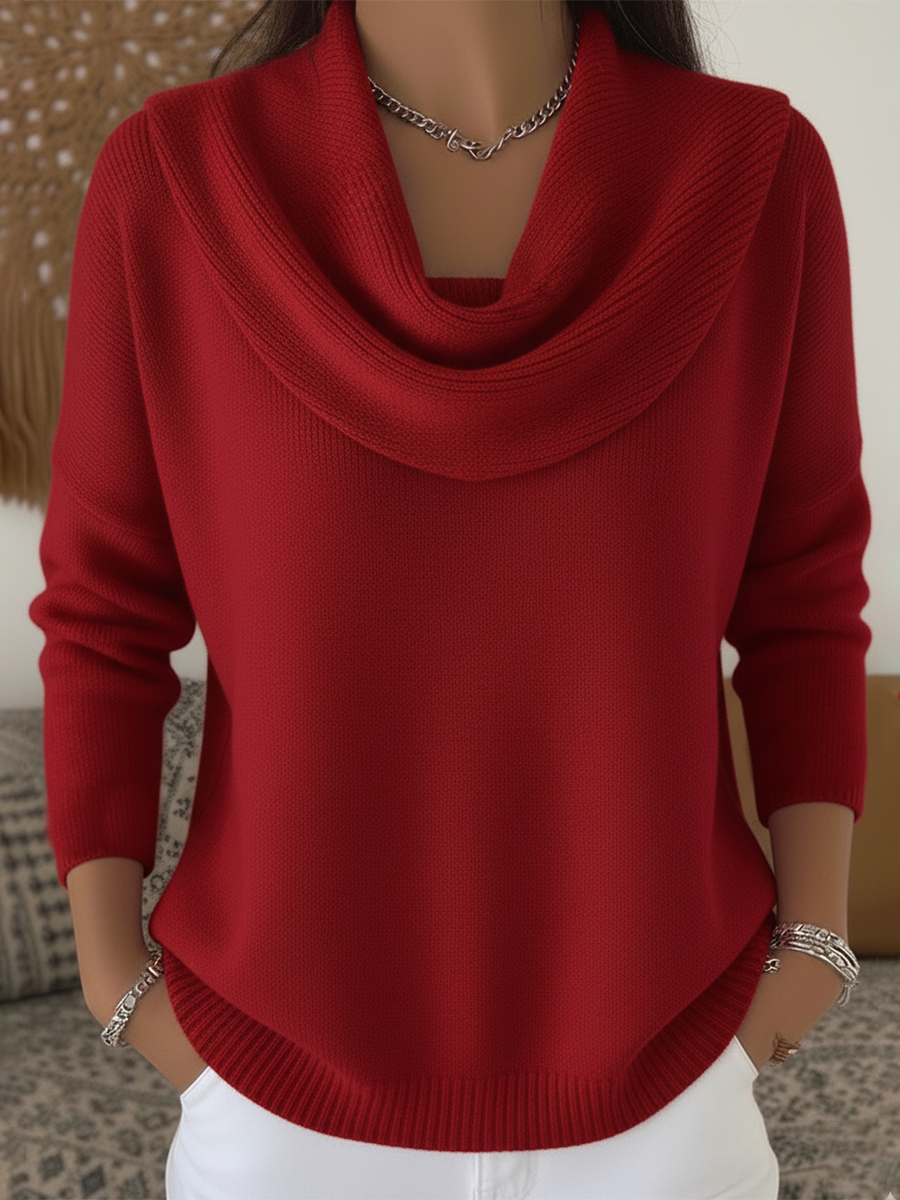 Women's Cowl Neck Long Sleeve Sweater – Red
