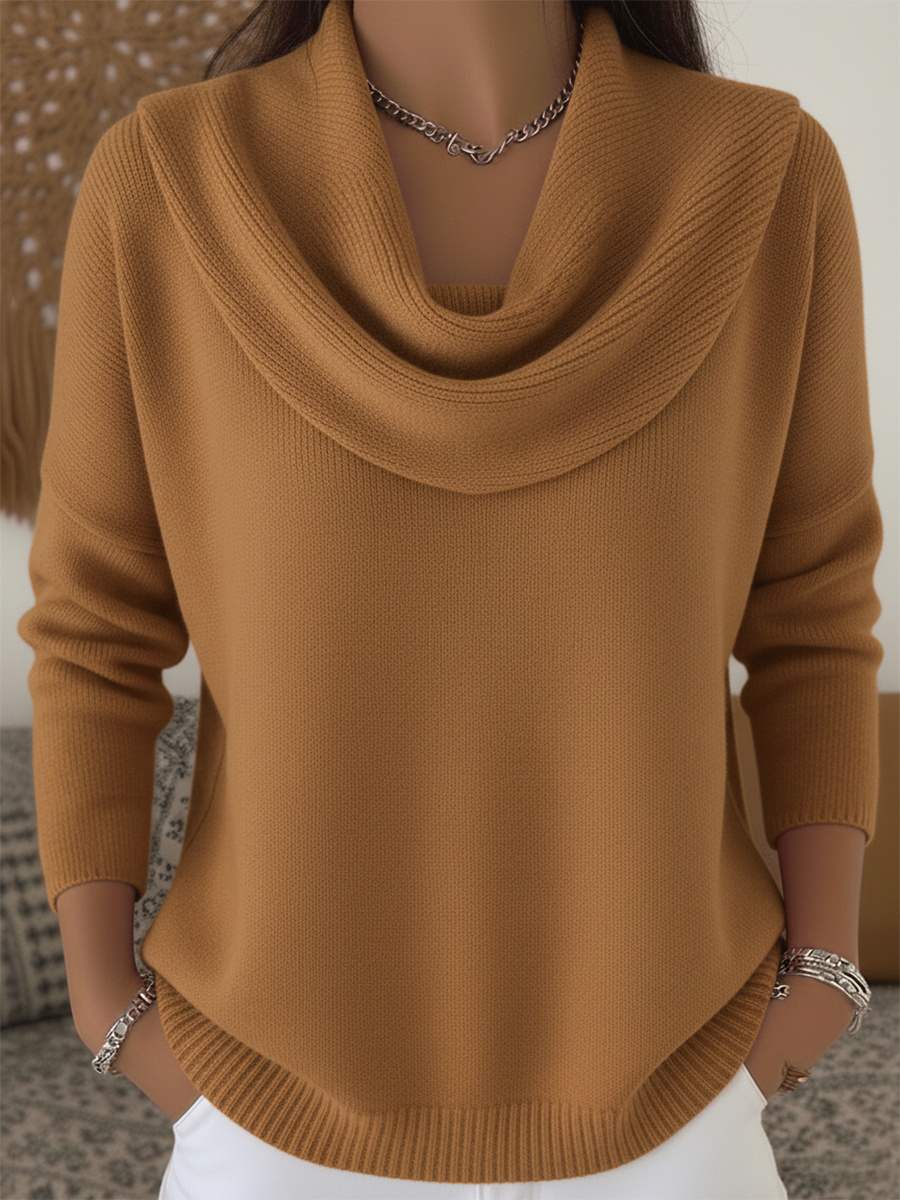 Women's Cowl Neck Long Sleeve Sweater – Brown