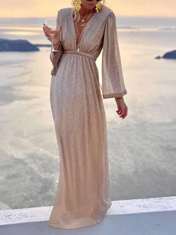 Women's V Neck Maxi Dress – Champagne