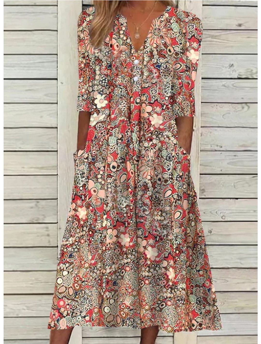 Women's V Neck Midi Dress – Red