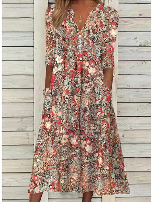 Women's V Neck Midi Dress – Red