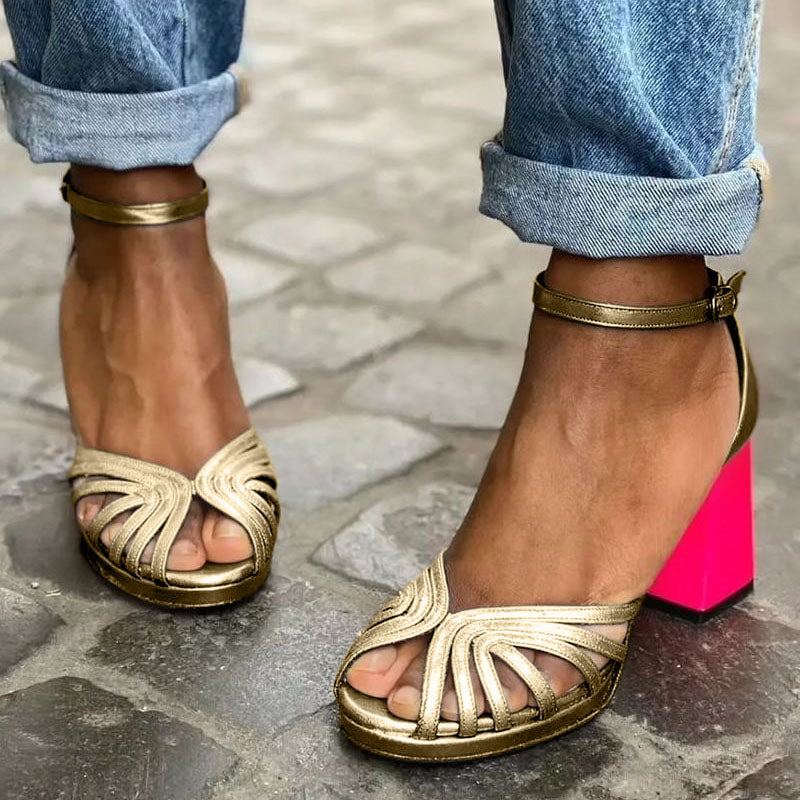 Women's Heeled Ankle Strap Sandals – Gold