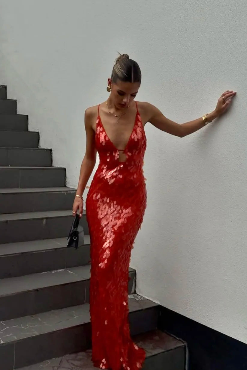 Women's V Neck Maxi Dress – Red