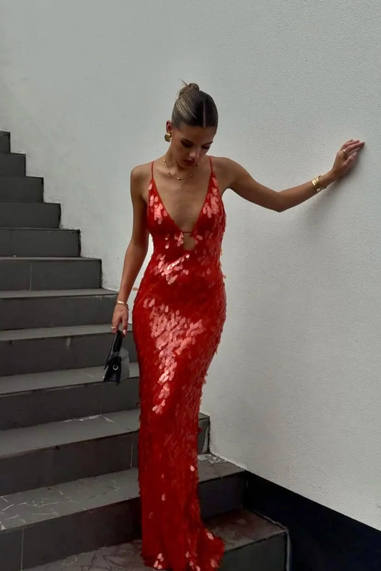Women's V Neck Maxi Dress – Red