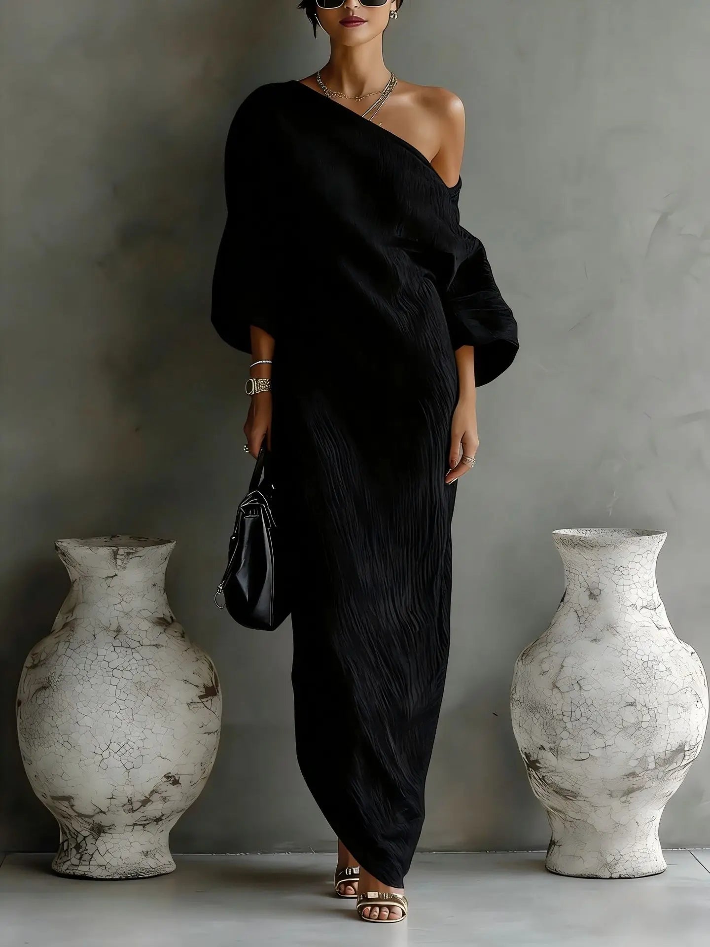 Women's One Shoulder Maxi Dress – Black