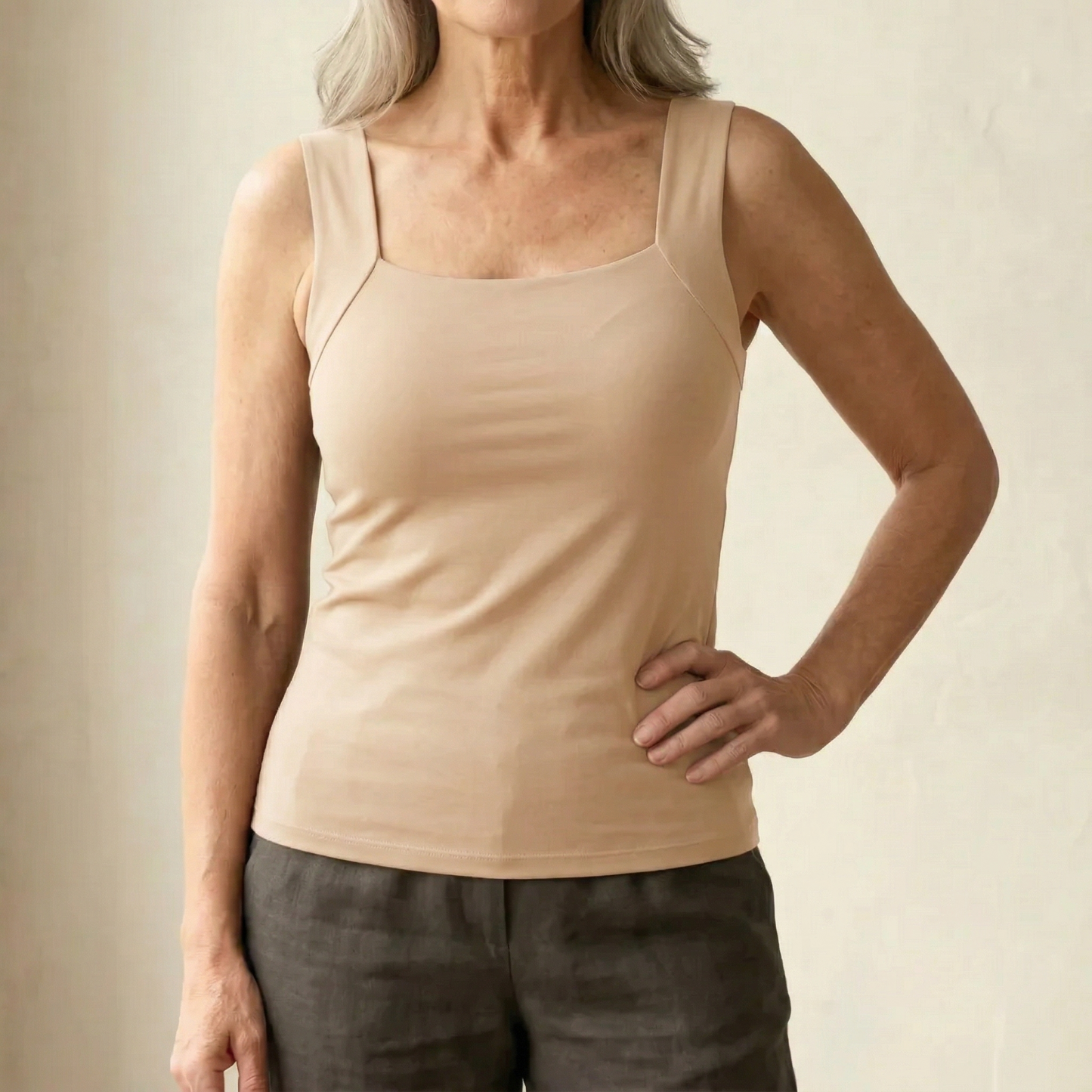 Women's Square Neck Sleeveless Tank Top – Beige