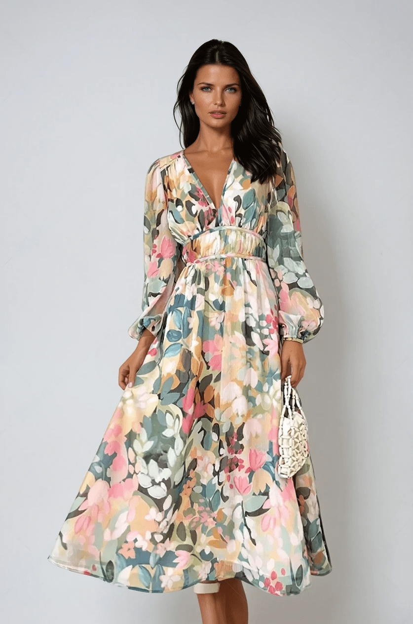 Women's V Neck Midi Dress – Multicolour