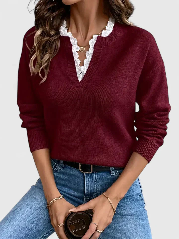 Women's V Neck Long Sleeve Sweater – Red