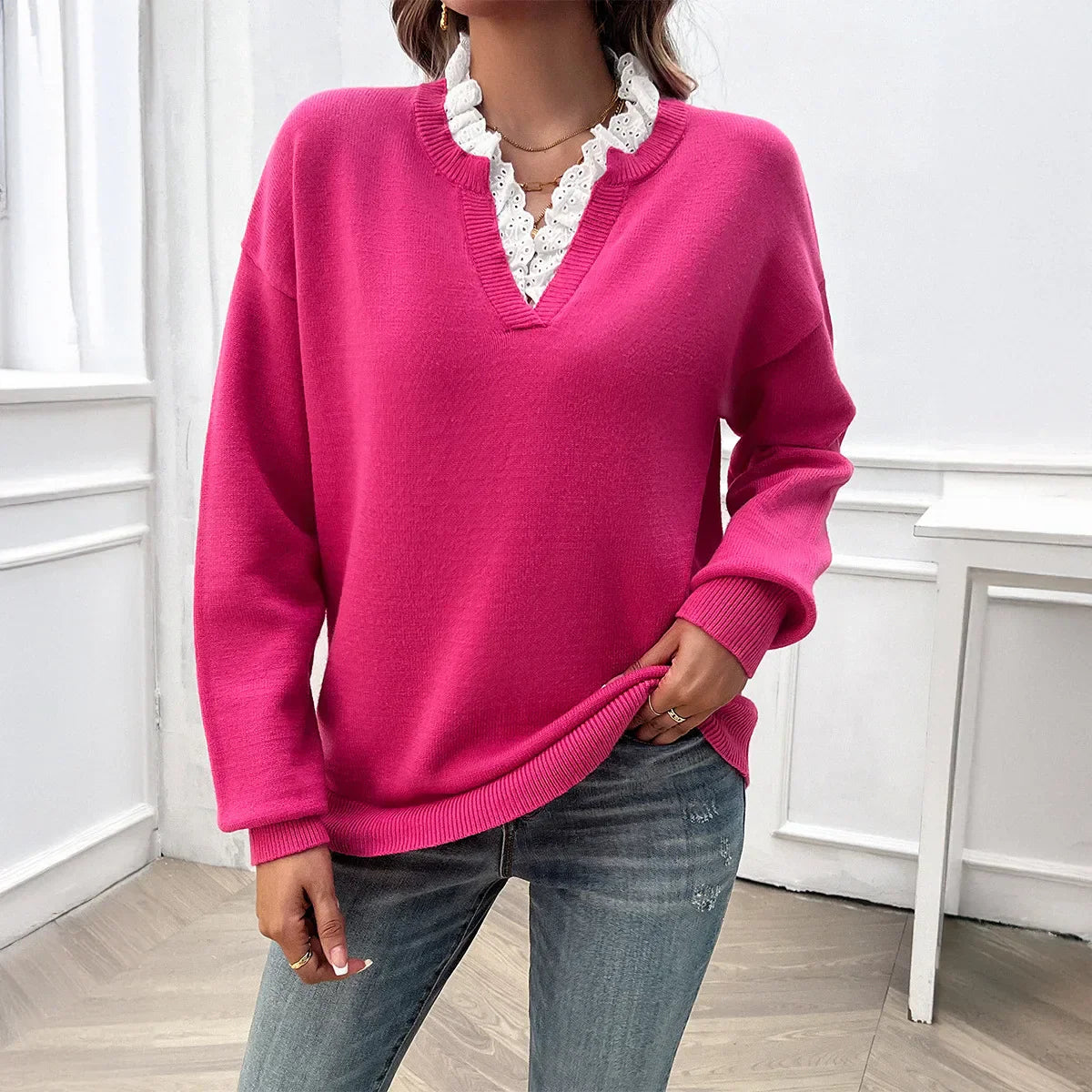 Women's V Neck Long Sleeve Sweater – Pink