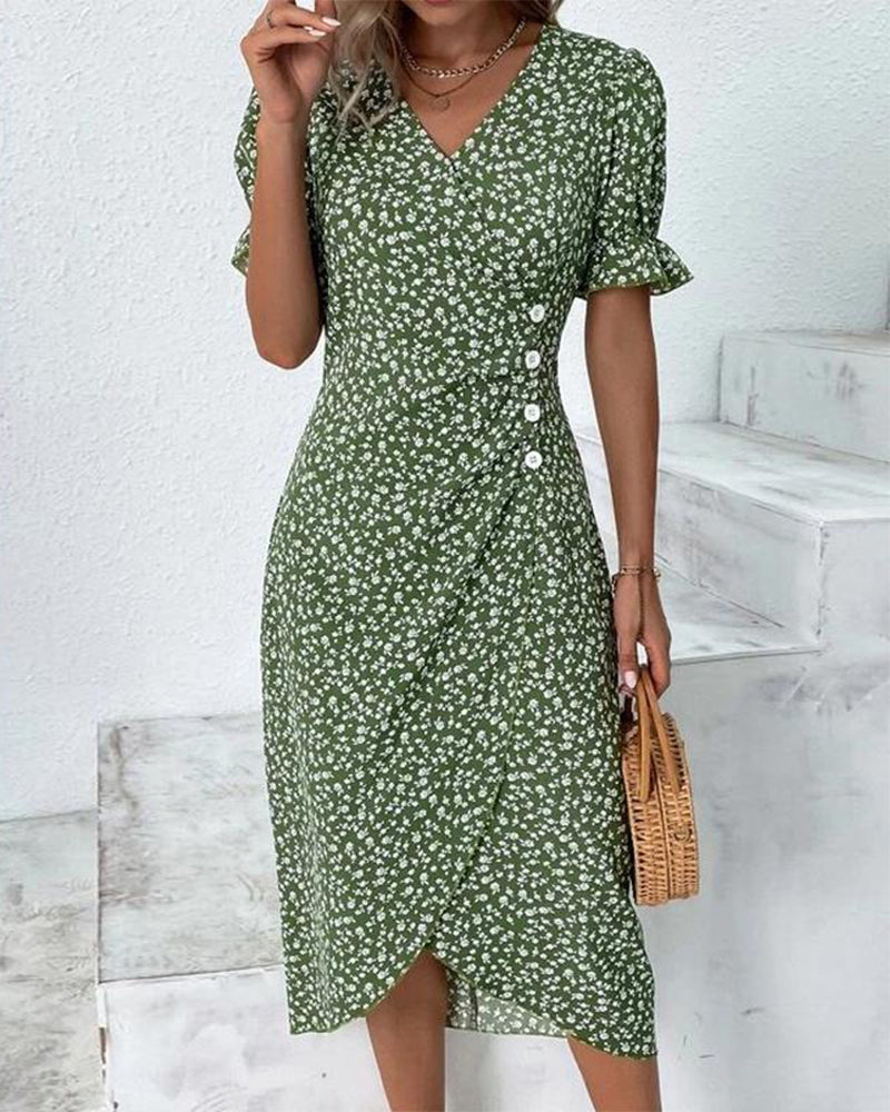 Women's V Neck Midi Dress – Green