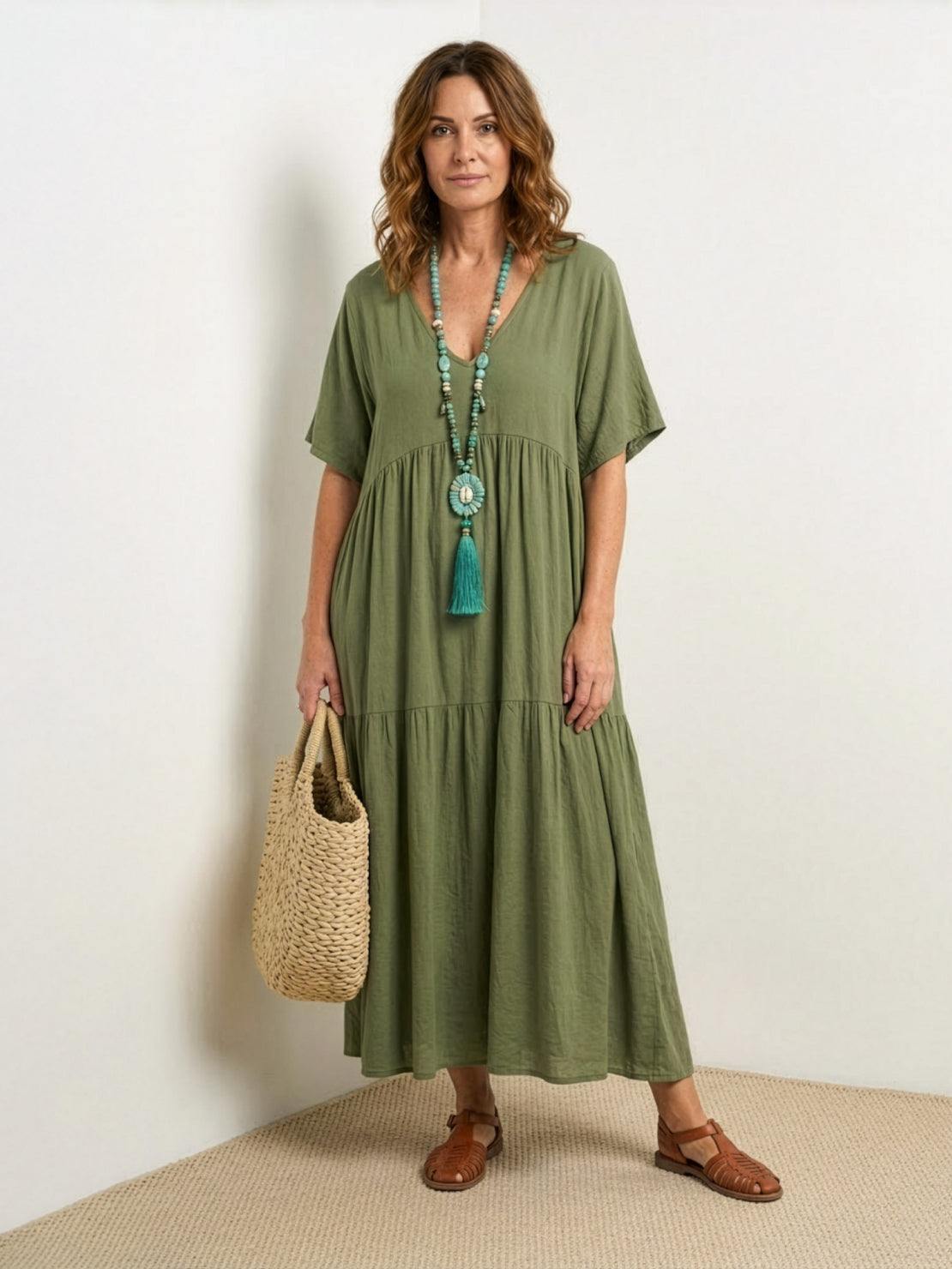 Women's V Neck Maxi Dress – Army Green