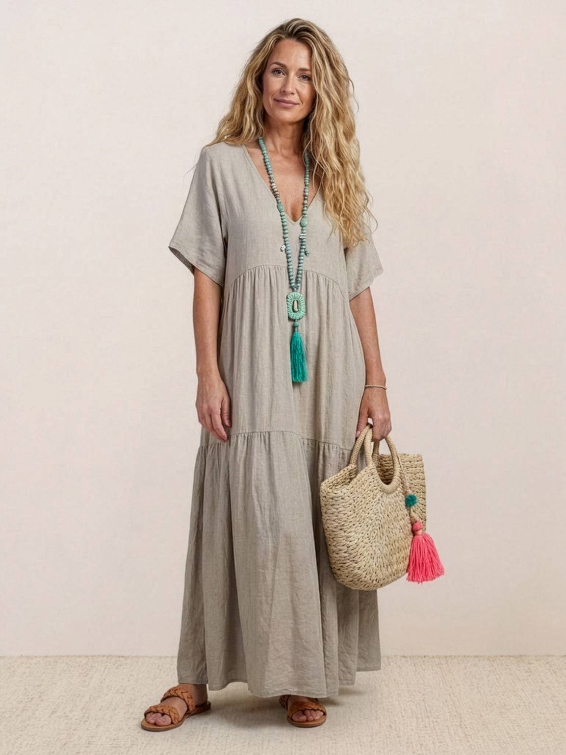 Women's V Neck Maxi Dress – Apricot