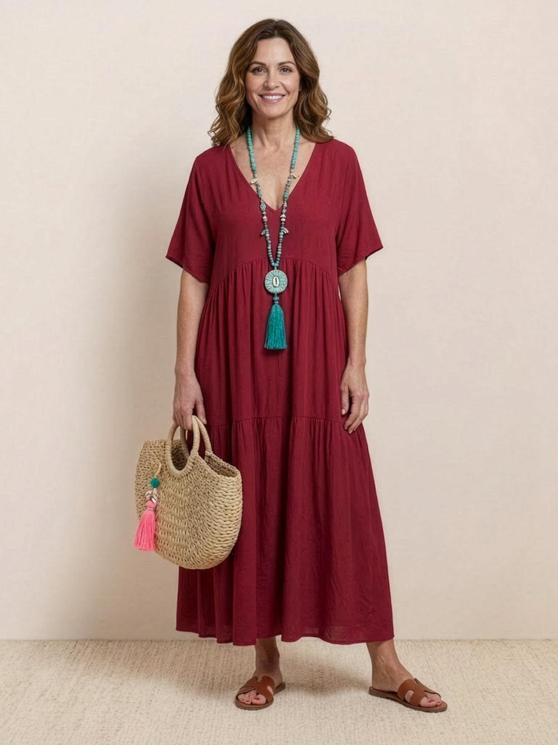 Women's V Neck Maxi Dress – Red