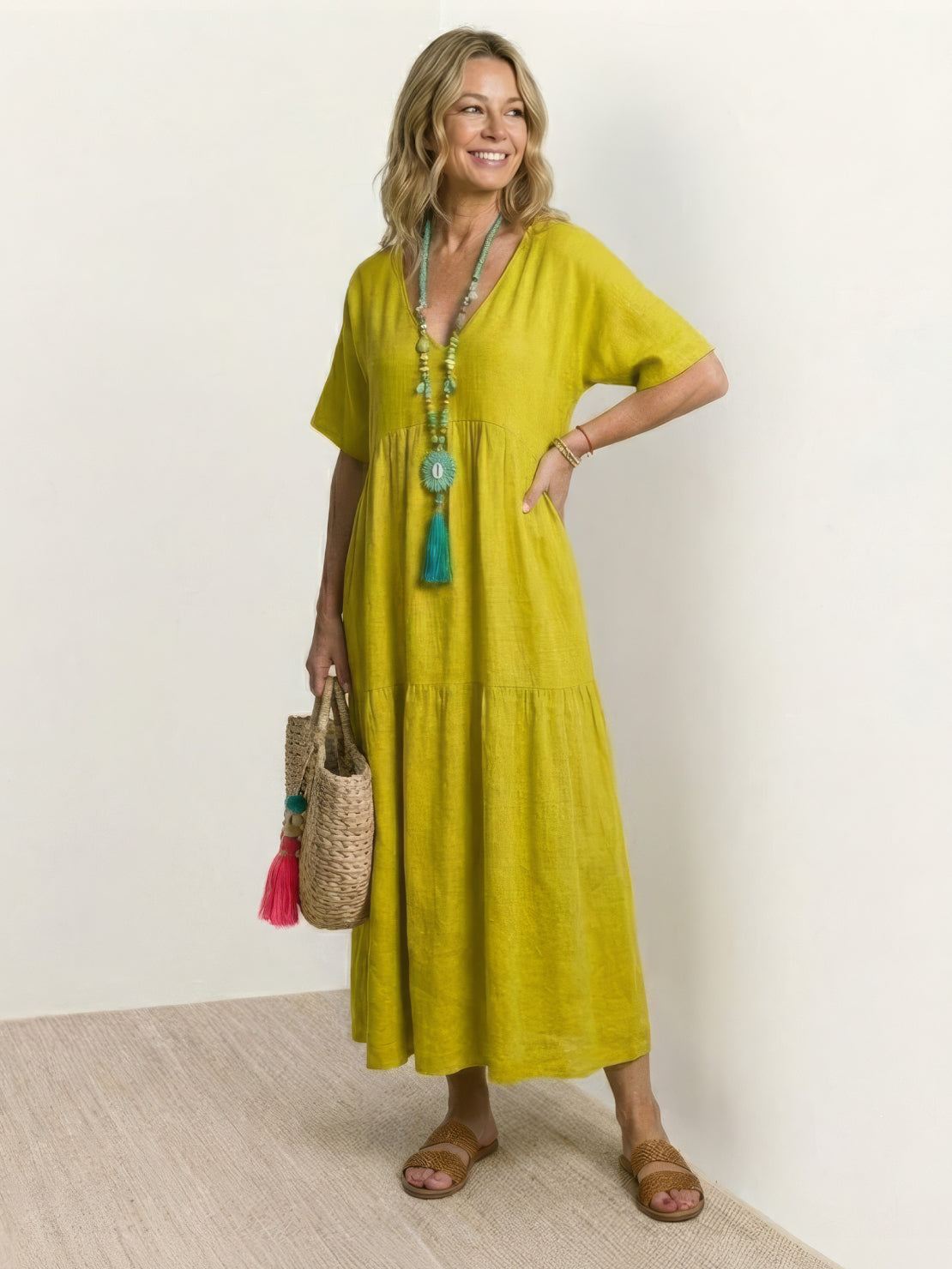 Women's V Neck Maxi Dress – Yellow