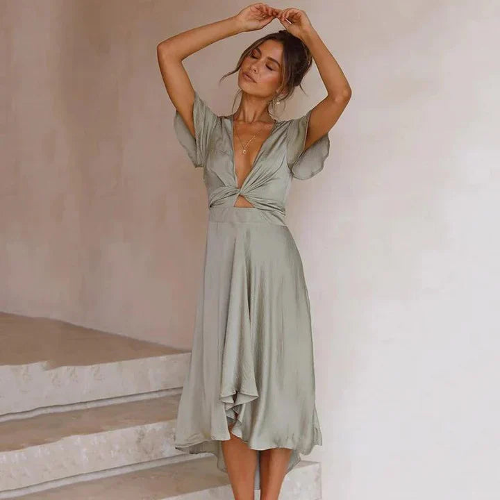 Women's V Neck Midi Dress – Green