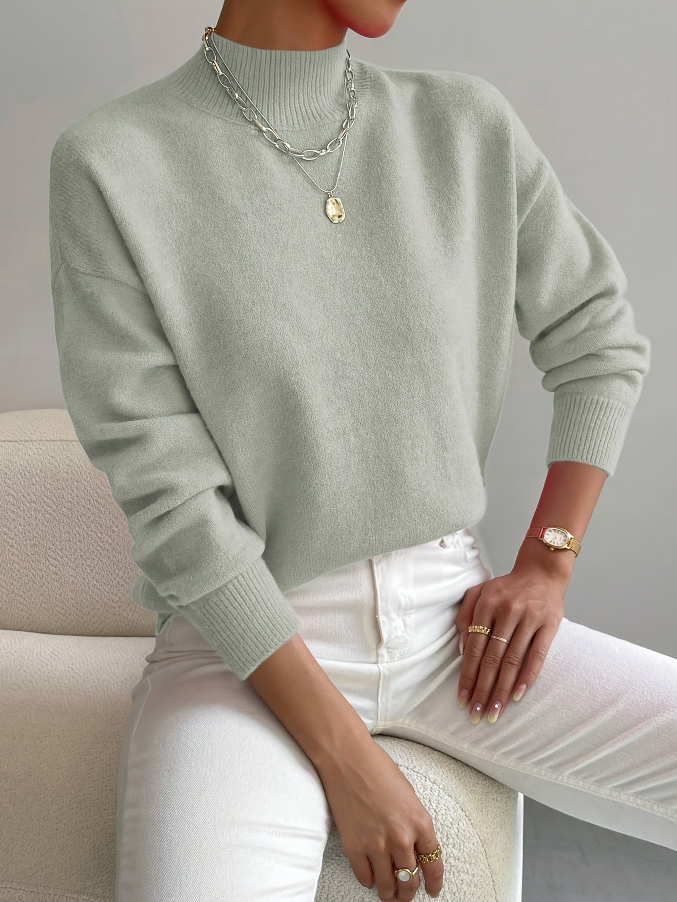 Women's Mock Neck Long Sleeve Sweater – Light Green
