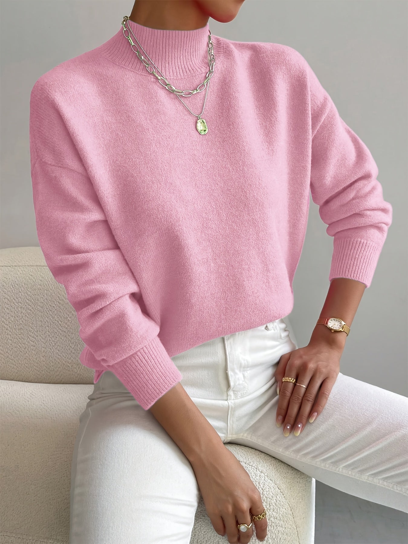 Women's Mock Neck Long Sleeve Sweater – Light Pink