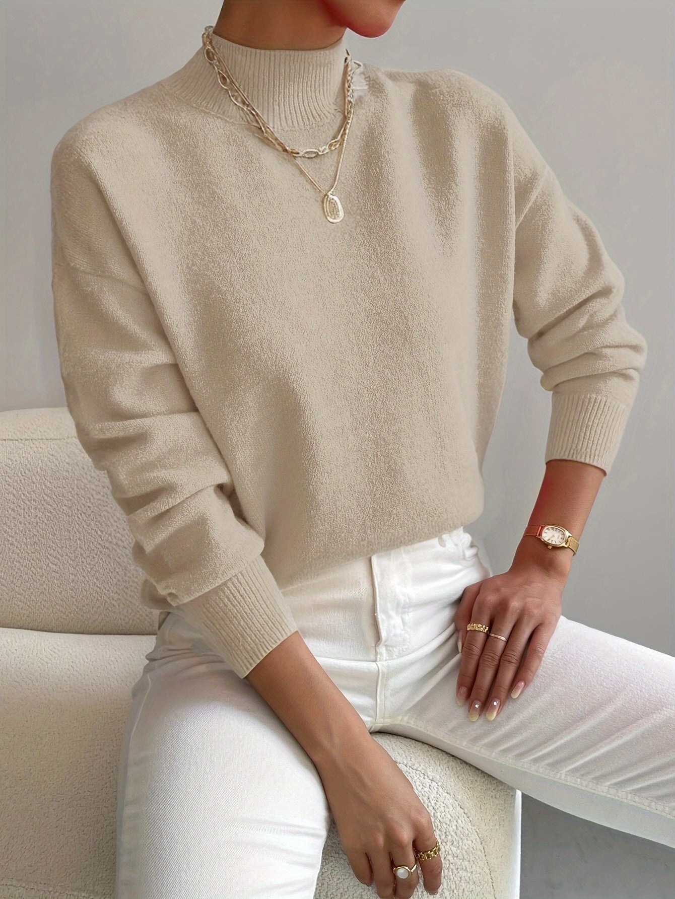 Women's Mock Neck Long Sleeve Sweater – Beige