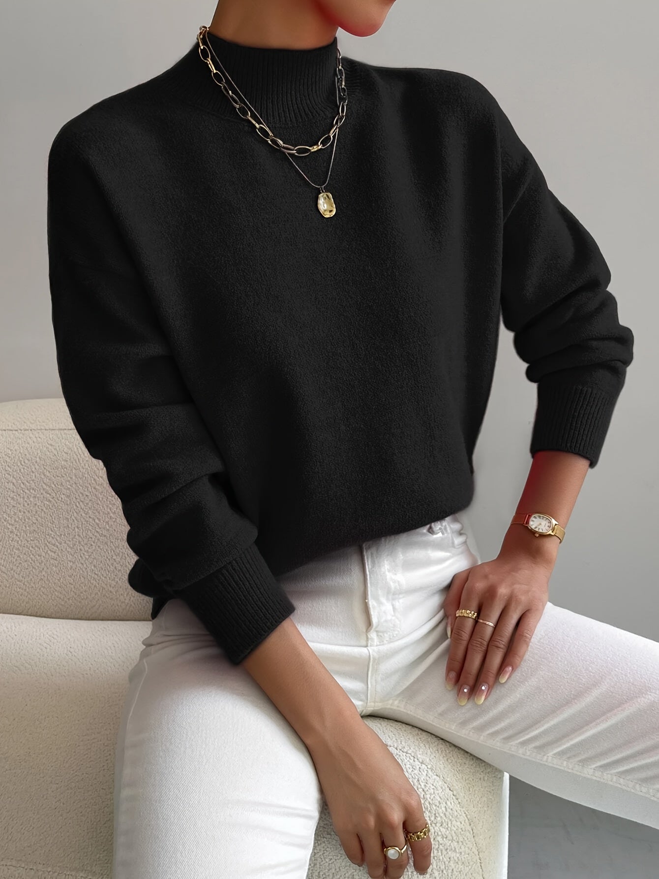 Women's Mock Neck Long Sleeve Sweater – Black