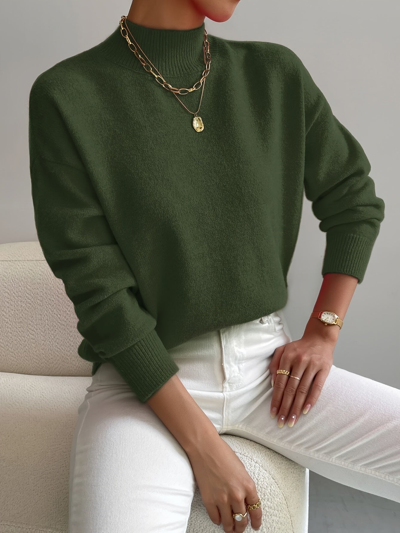 Women's Mock Neck Long Sleeve Sweater – Green