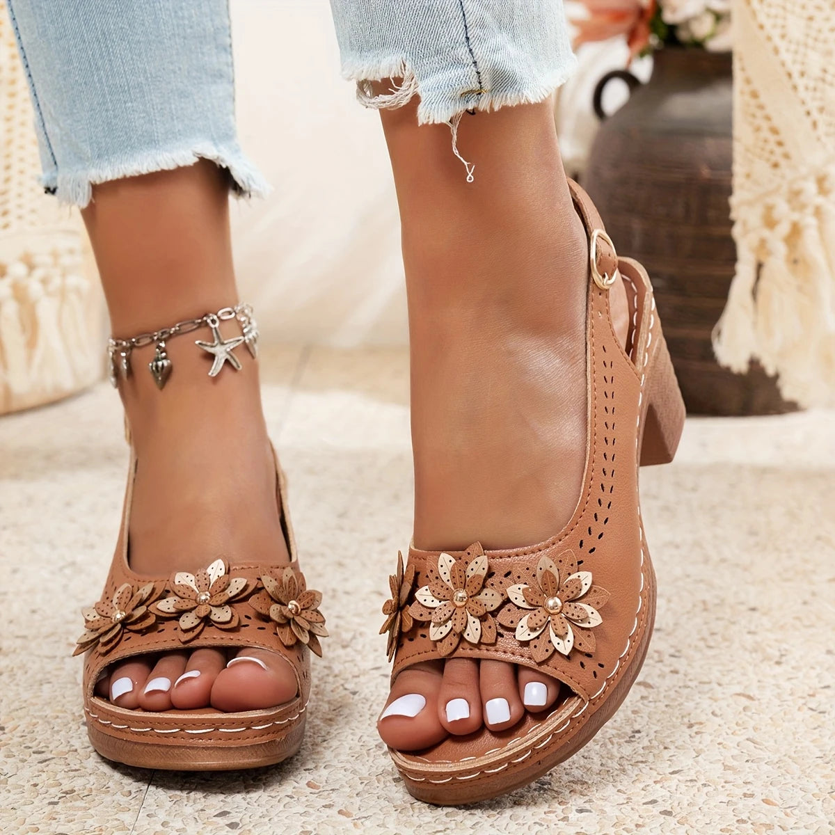 Women's Heeled Ankle Strap Sandals – Brown