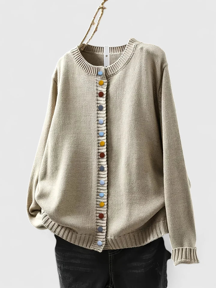 Women's Round Neck Long Sleeve Cardigan – Beige