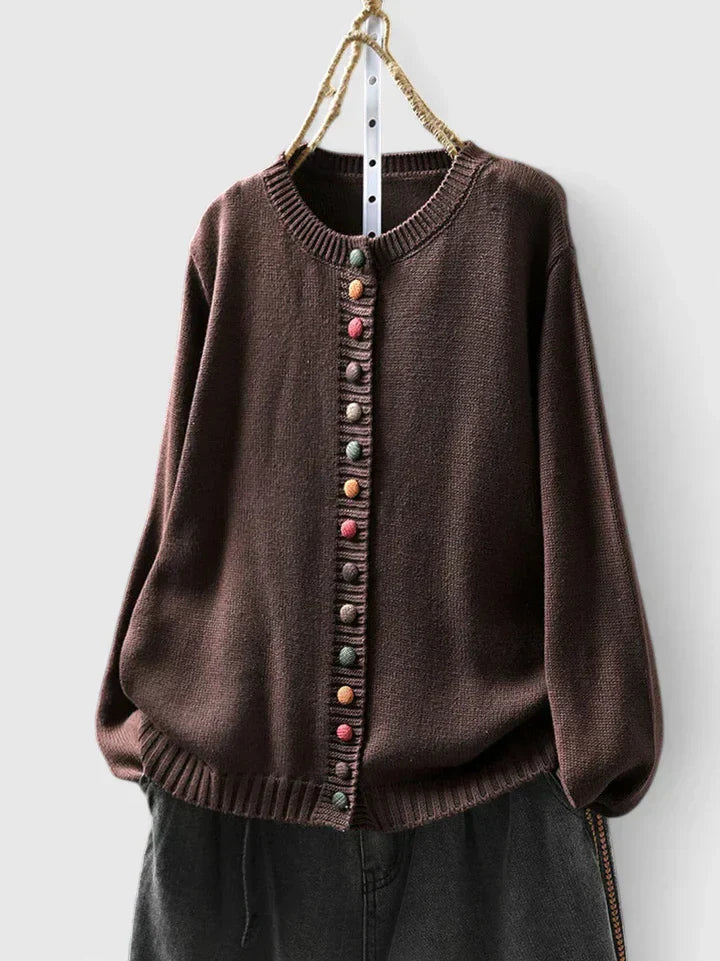 Women's Round Neck Long Sleeve Cardigan – Dark Brown