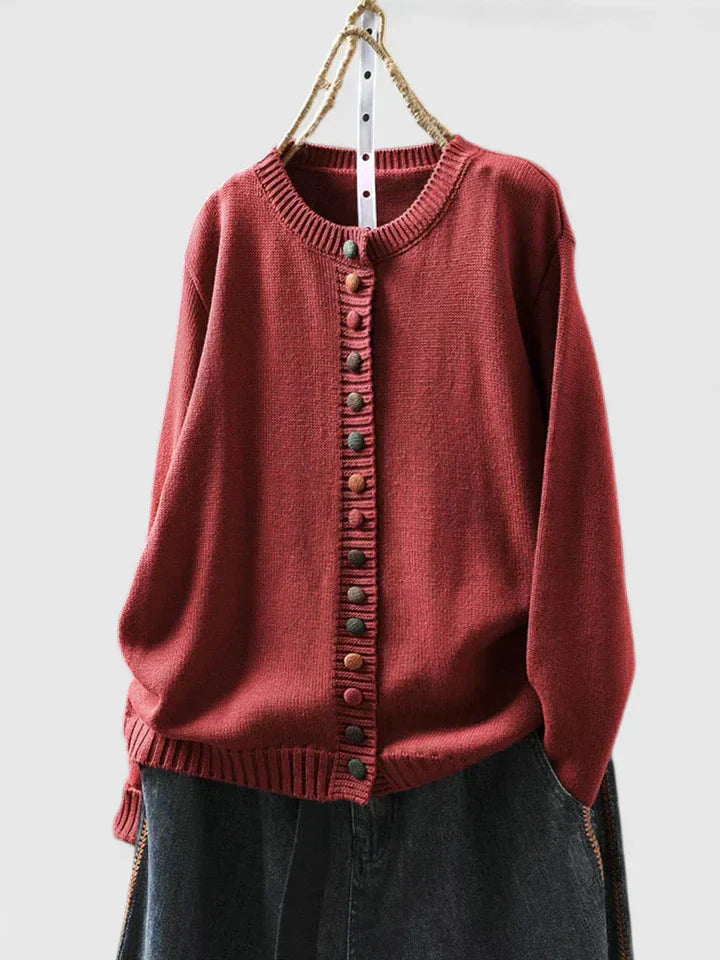Women's Round Neck Long Sleeve Cardigan – Red