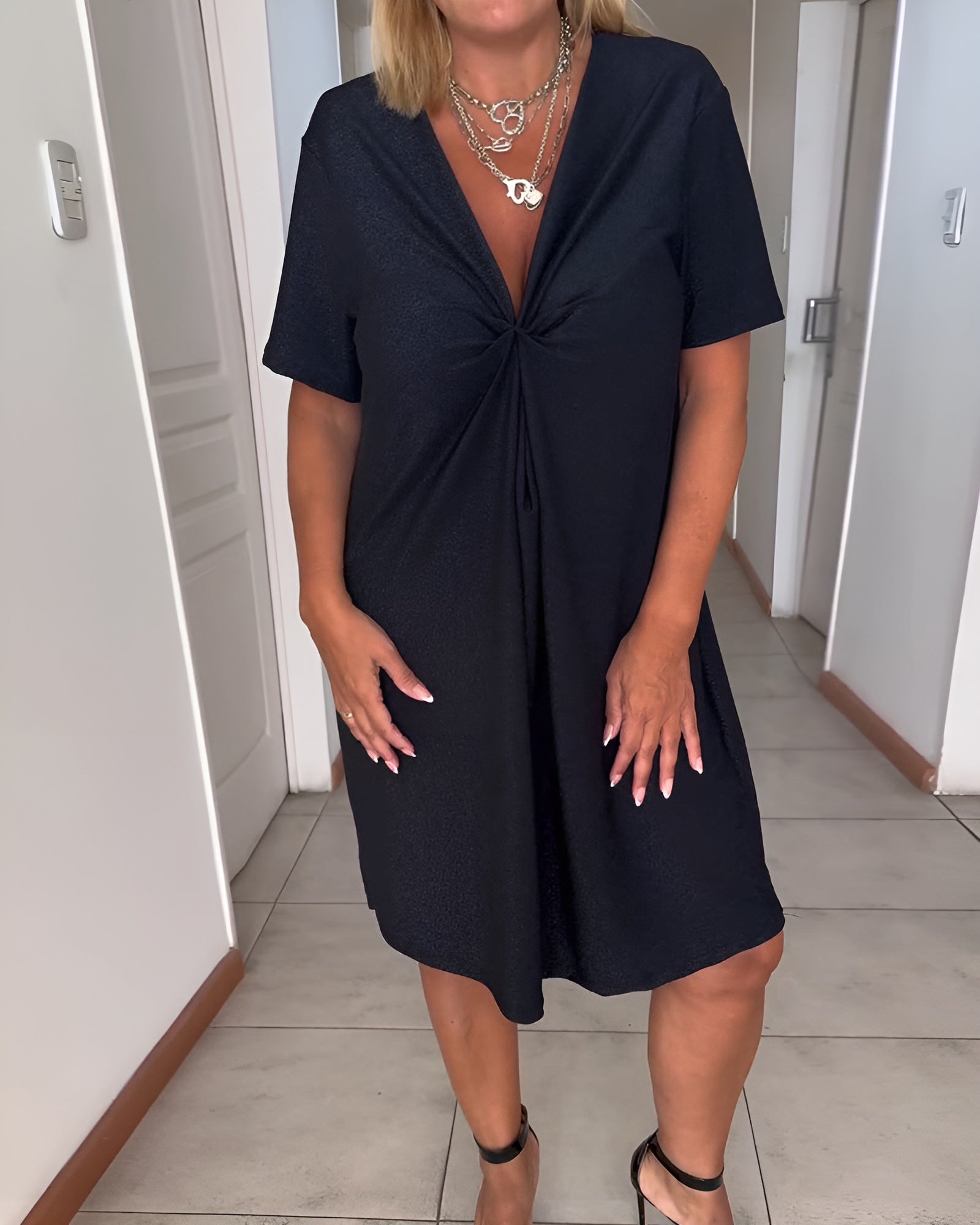 Women's V Neck Midi Dress – Black