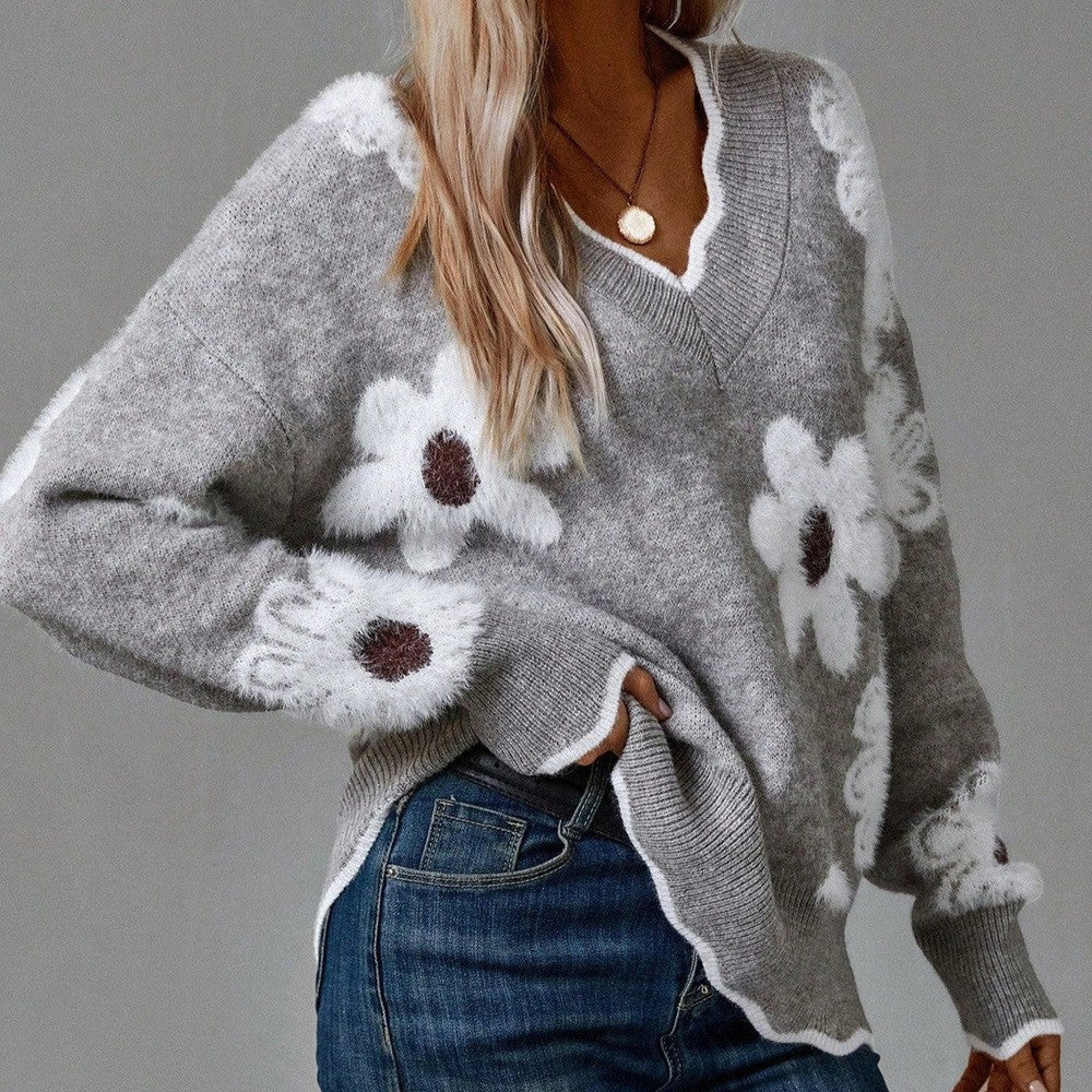 Women's V Neck Long Sleeve Sweater – Grey