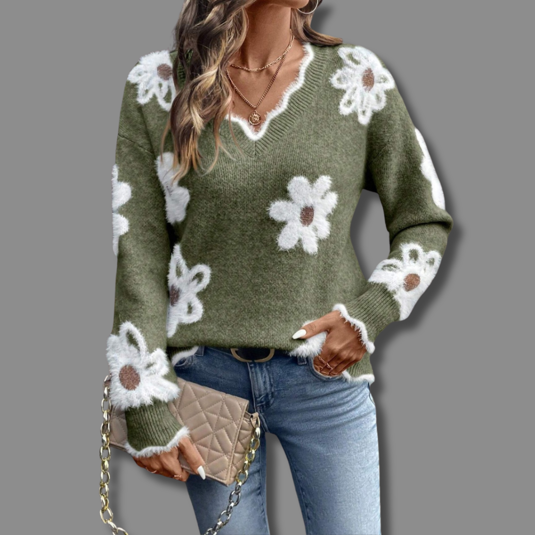 Women's V Neck Long Sleeve Sweater – Green