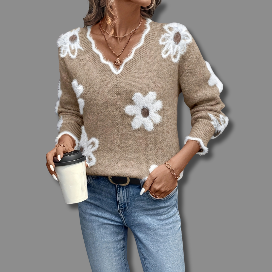 Women's V Neck Long Sleeve Sweater – Khaki
