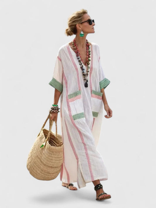 Women's V Neck Maxi Dress – White Light Pink