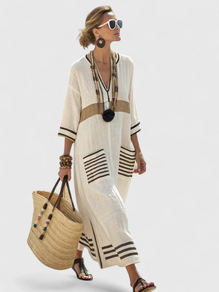 Women's V Neck Maxi Dress – Beige Black