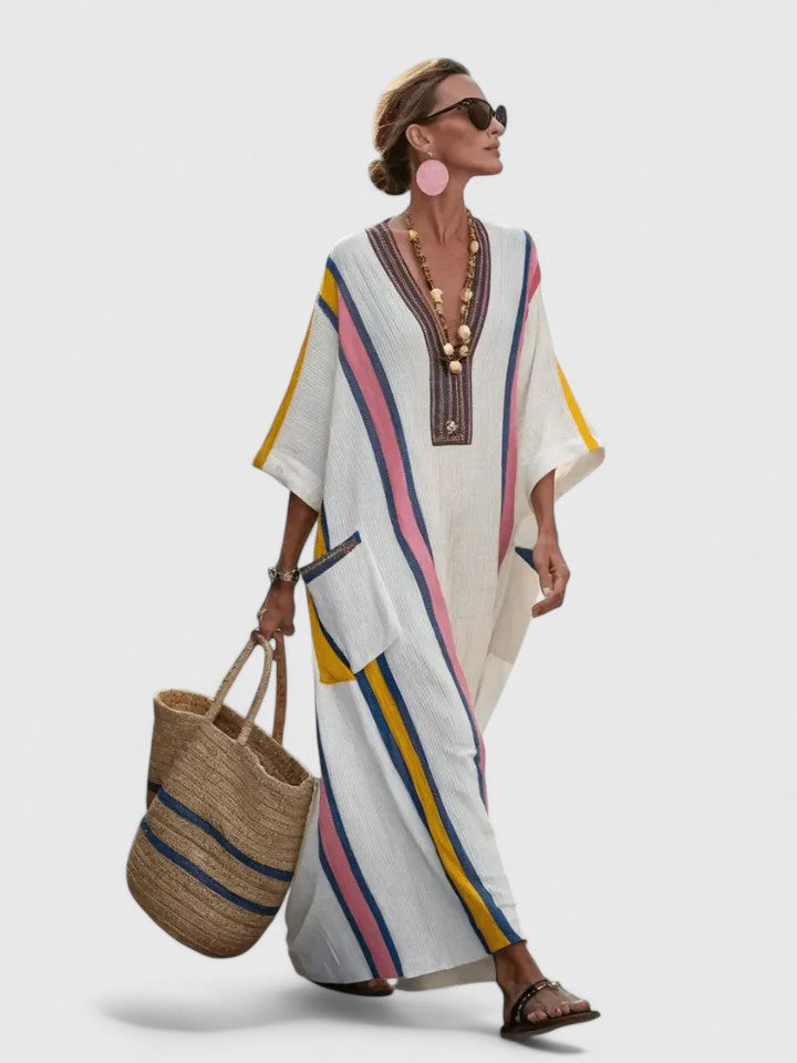 Women's V Neck Maxi Dress – White Pink