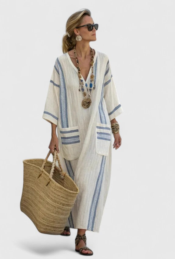Women's V Neck Maxi Dress – Beige Light Blue