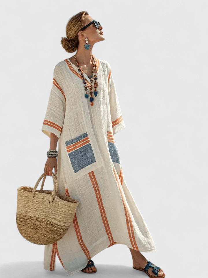 Women's V Neck Maxi Dress – Beige Orange