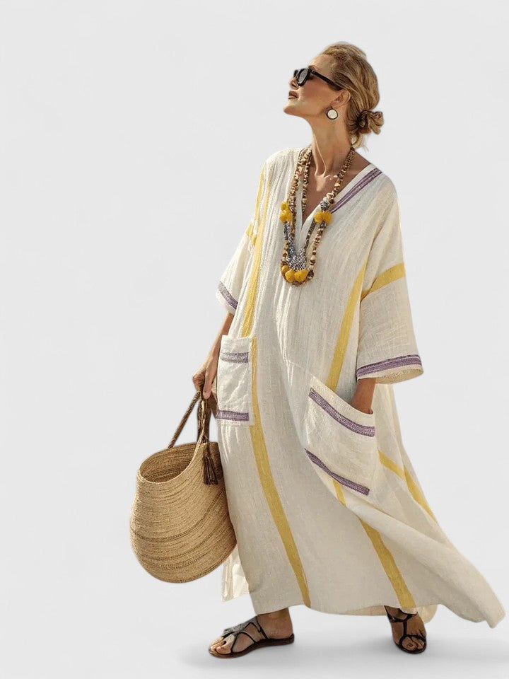 Women's V Neck Maxi Dress – Beige Yellow