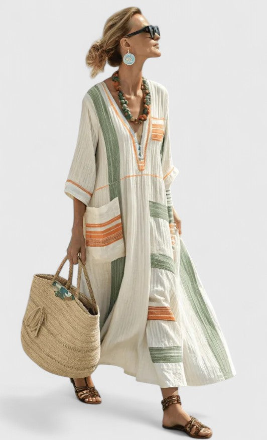 Women's V Neck Maxi Dress – Beige Green