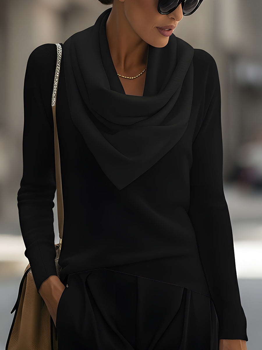 Women's Cowl Neck Long Sleeve Sweater – Black