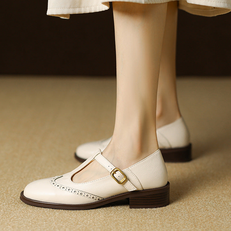 Women's Block Heel T-Strap Mary Janes – Beige