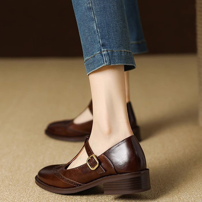 Women's Block Heel T-Strap Mary Janes – Brown