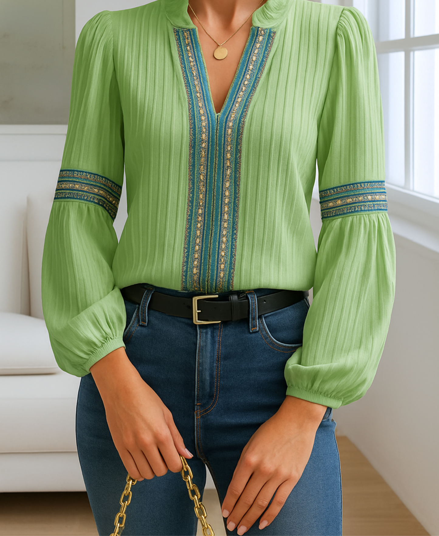 Women's V Neck Long Sleeve Blouse – Green