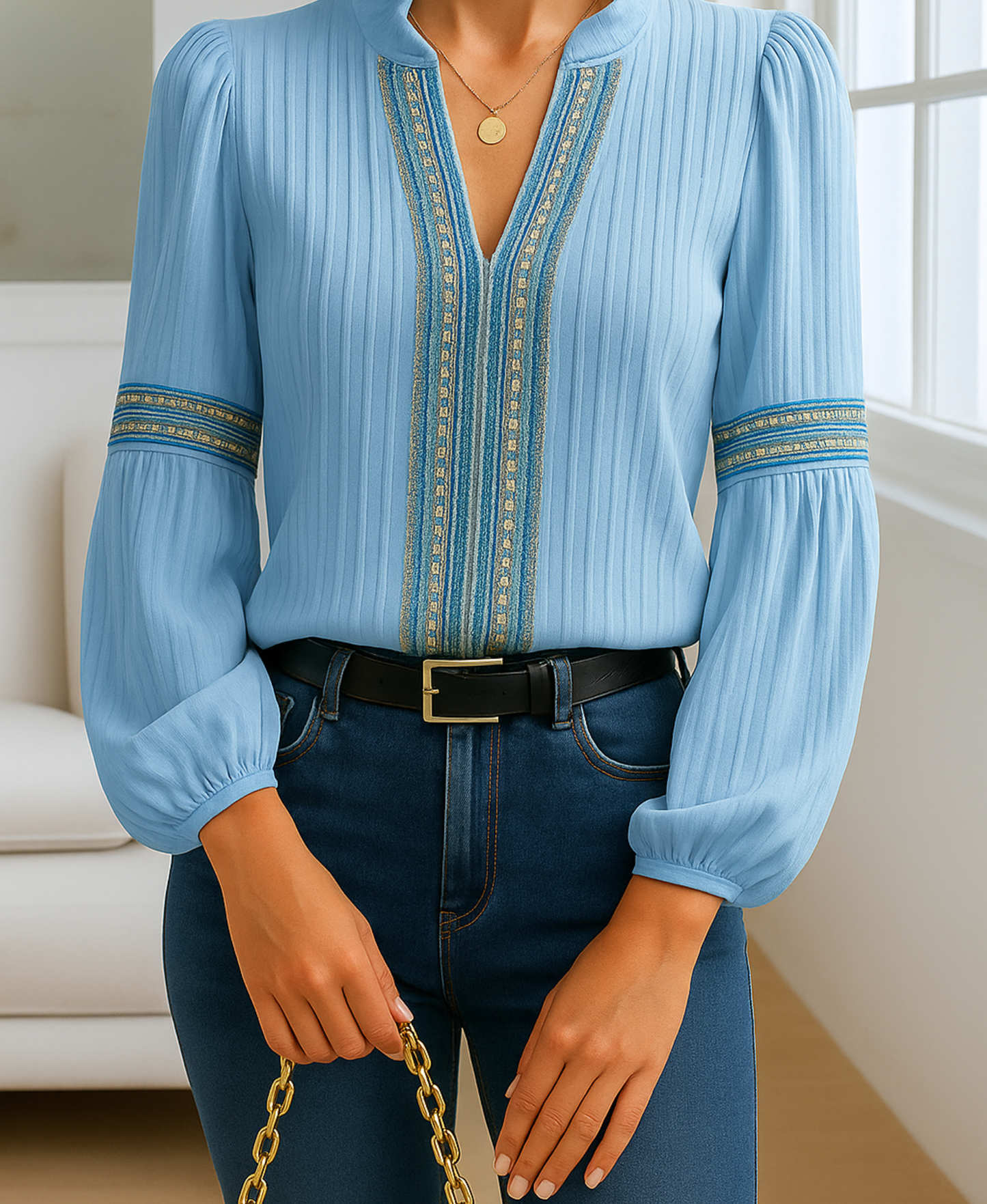 Women's V Neck Long Sleeve Blouse – Blue
