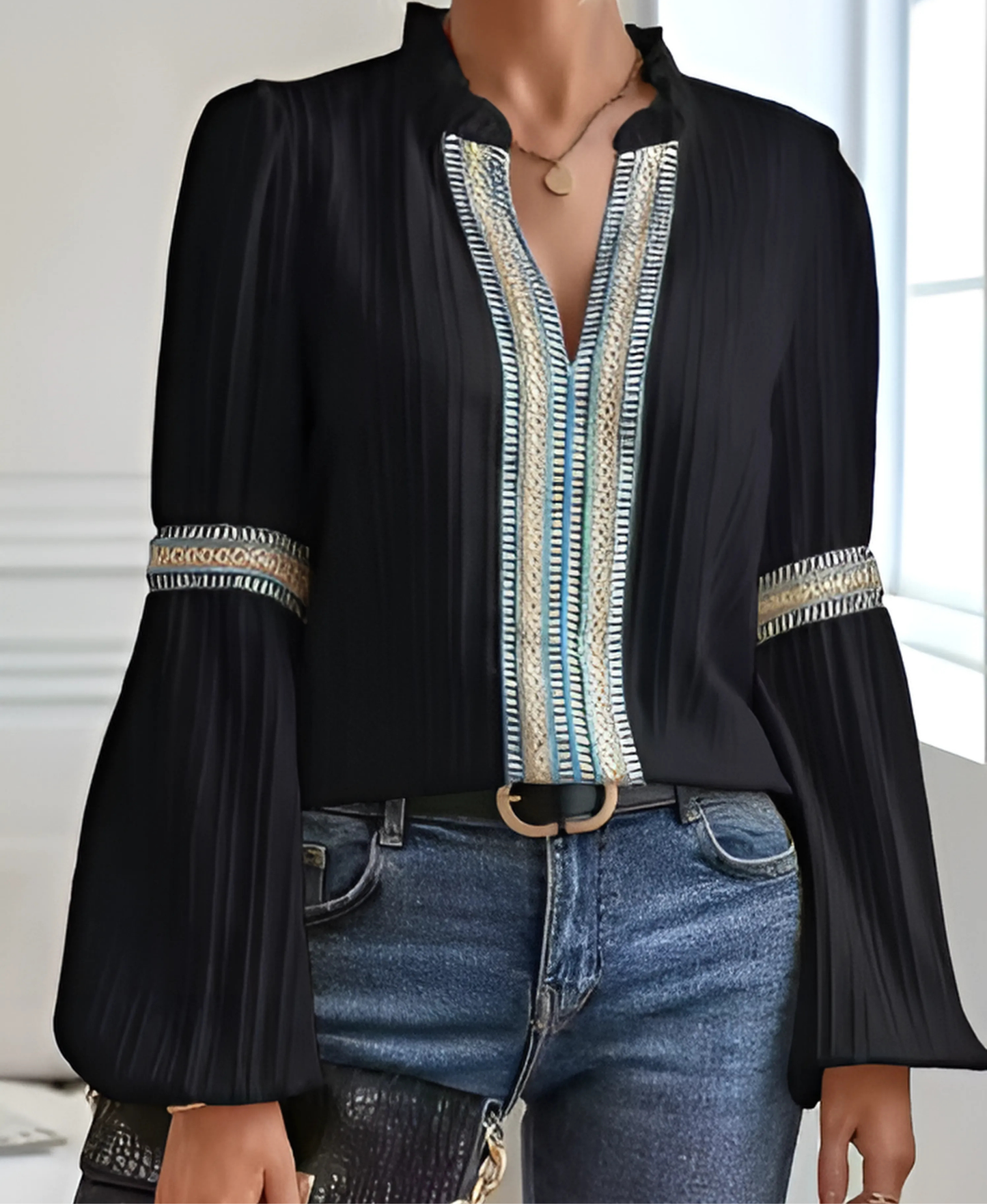 Women's V Neck Long Sleeve Blouse – Black