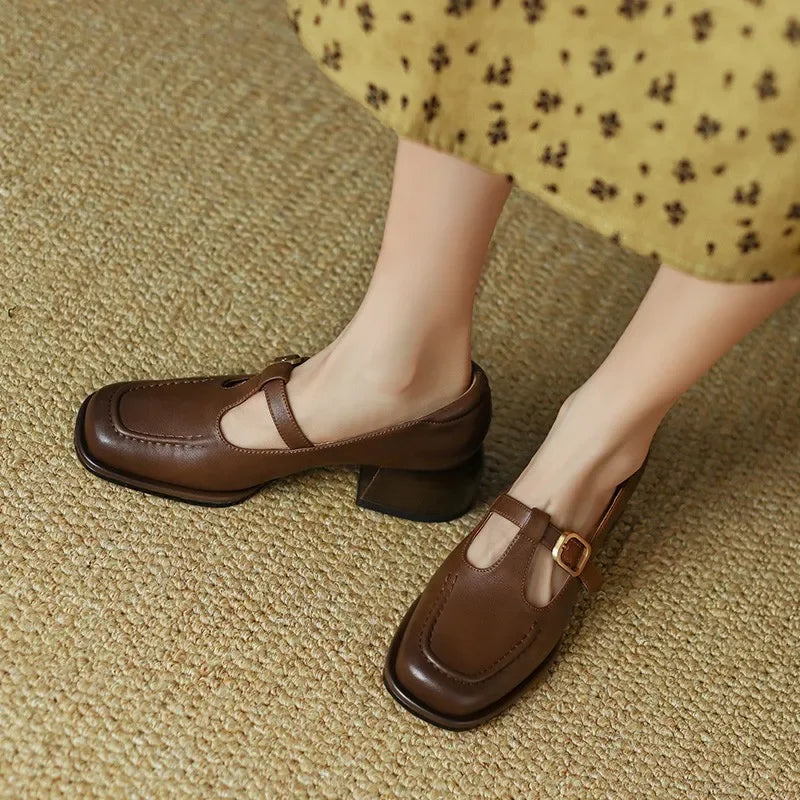 Women's Block Heel T-Strap Mary Janes – Brown
