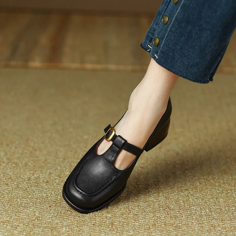 Women's Block Heel T-Strap Mary Janes – Black