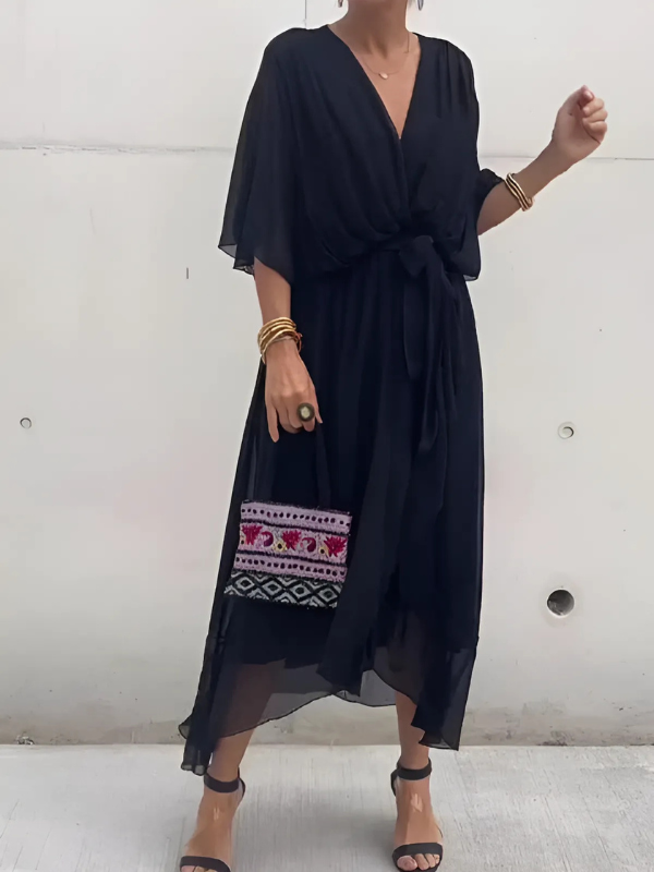Women's V Neck Midi Dress – Black